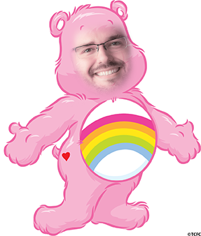 Cheer Bear from the Care Bears, pink with a rainbow on their white belly and outstretched arms. Steve's face superimposed on the head, because he's generally rather upbeat and cheery.