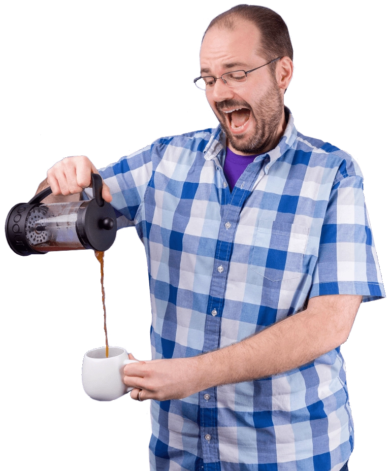 Photo of Steve pouring a french press full of coffee precariously into a mug and smiling