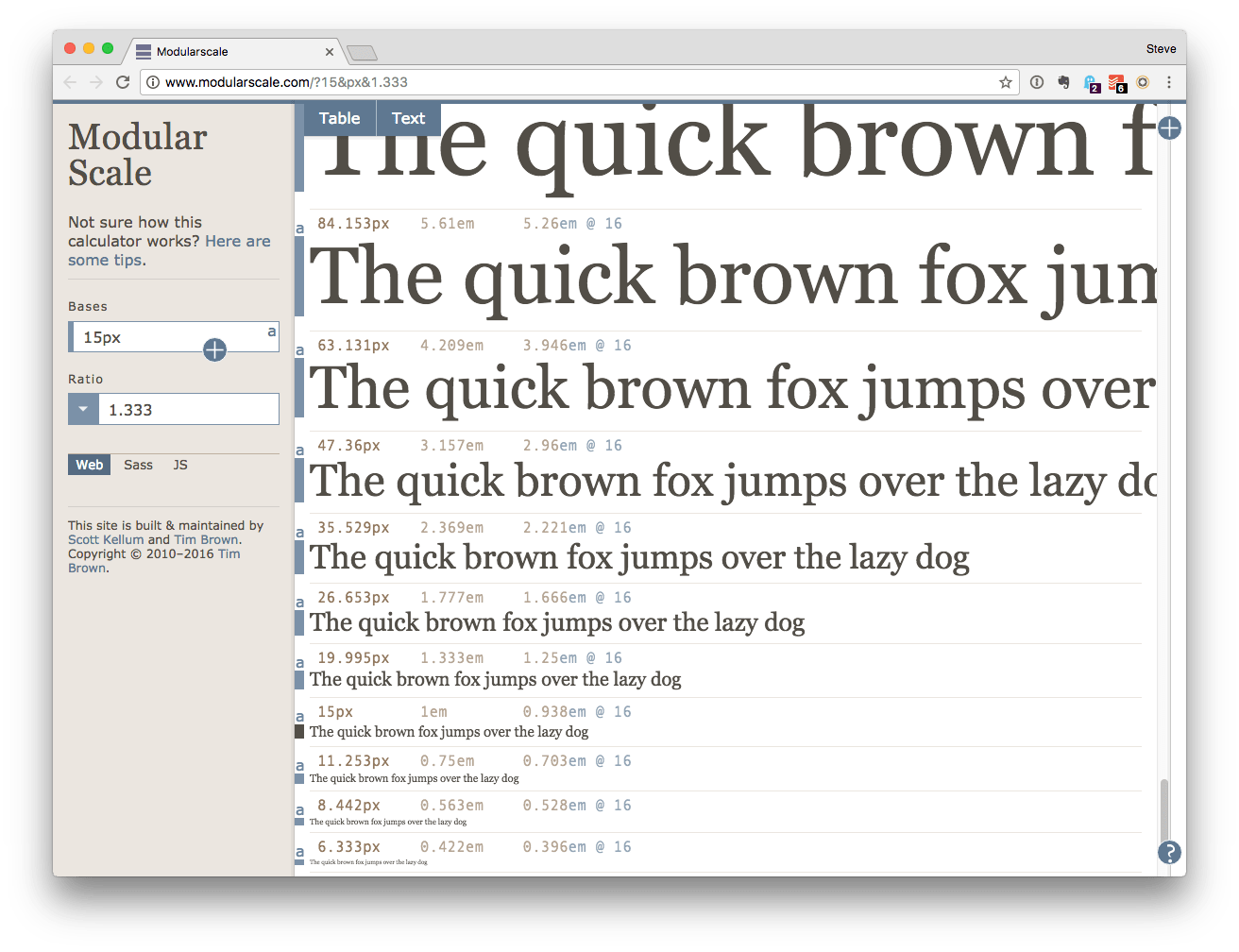 Screenshot of modularscale.com example applying a base of 15px and a ratio of 1:1.333 referred to as the Perfect Fourth Ratio.