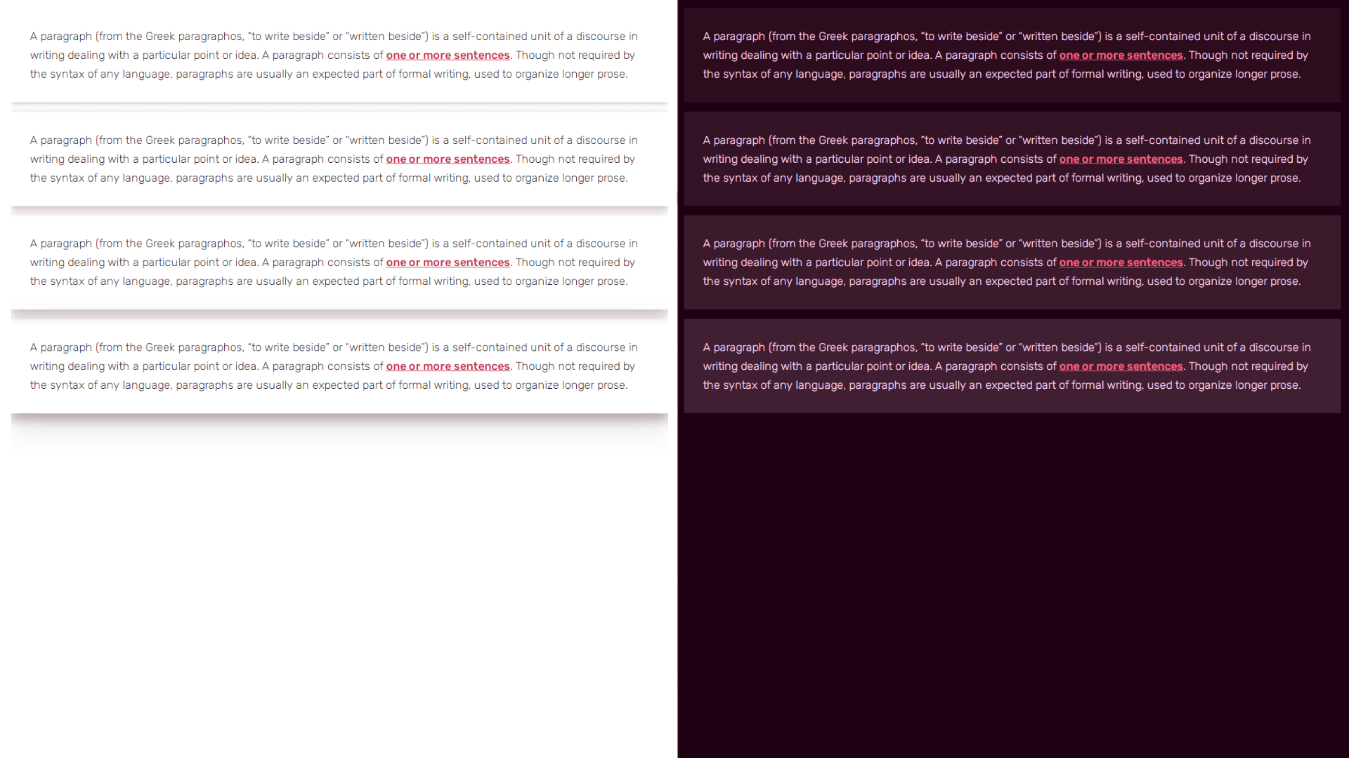 Light and Dark mode examples of sitewide depth placed side by side