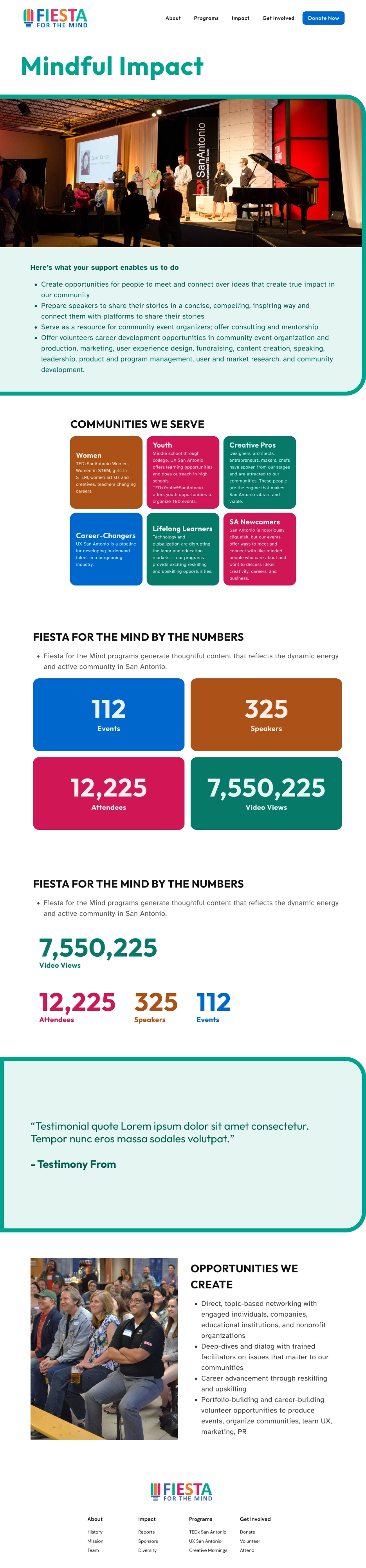 Mindful Impact page mockup, containing colorful sections for communities served, notable numbers, and opportunities they create